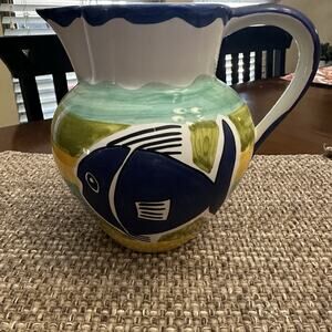 RC‎ Portugal Hand Painted Ceramic Pitcher Blue Green Yellow Fish Beach Decor 7”